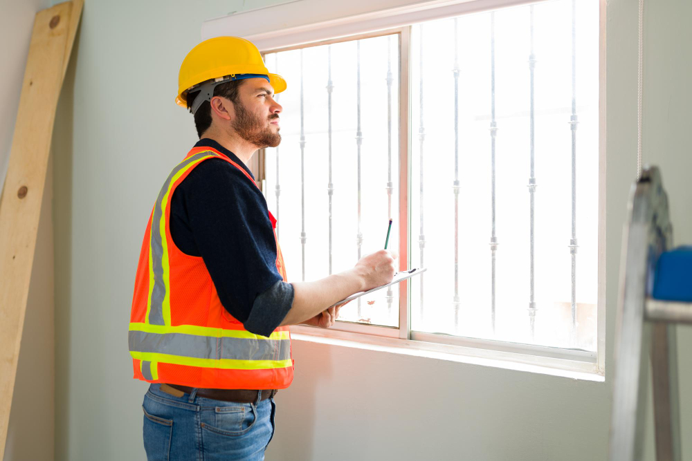Trabajador inspeccionando instalación de ventana